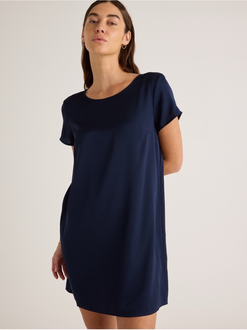 Quince Washable Stretch Silk Navy Short Sleeve Dress